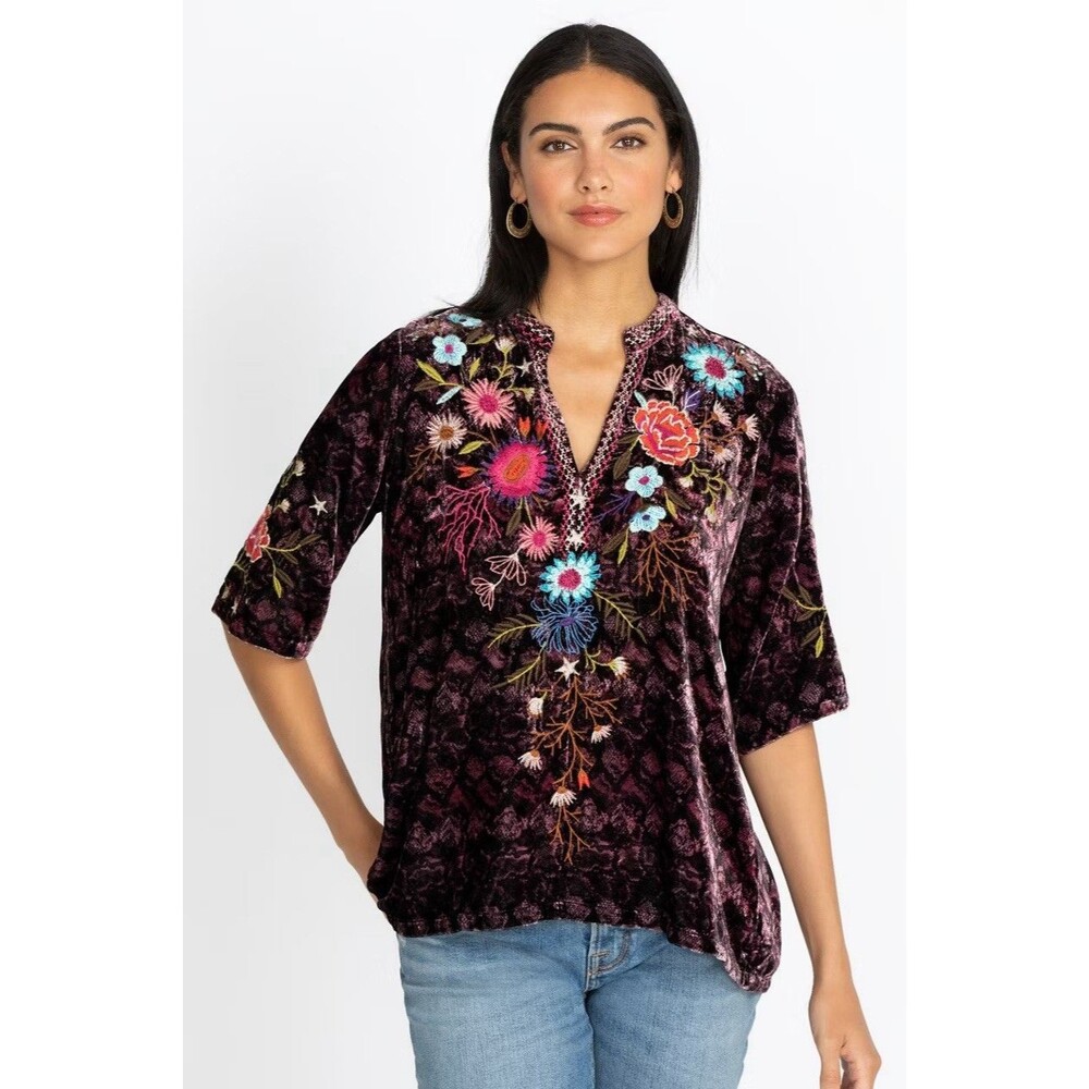 Johnny Was Ulla Velvet Embroidered Tunic Top Size Large Boho Whimsigoth Fairy